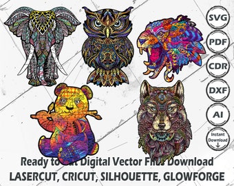 May include: A set of five digital vector files for laser cutting, Cricut, Silhouette, and Glowforge. The files feature intricate, colorful designs of an elephant, owl, lion, wolf, and panda.