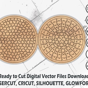 Könnte beinhalten: Zwei runde Holz-Puzzle-Designs. Ein Puzzle hat ein Wabenmuster und das andere ein radiales Muster. Das Bild enthält den Text "Ready to Cut Digital Vector Files Download LASERCUT, CRICUT, SILHOUETTE, GLOWFORGE".