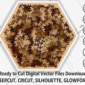 May include: A digital download of a geometric pattern in brown and beige tones. The pattern is in the shape of a hexagon and is ready to be cut using a laser cutter, Cricut, Silhouette, or Glowforge. The download includes SVG, PDF, CDR, DXF, and AI file formats.