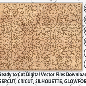 May include: A wooden jigsaw puzzle with intricate, interlocking pieces. The puzzle is made of light brown wood and has a rectangular shape. The image includes the text "Ready to Cut Digital Vector Files Download" and file type icons for SVG, PDF, CDR, DXF, and AI.