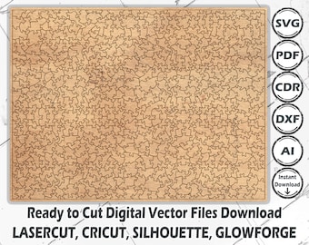 Puede incluir: Un rompecabezas de madera con un diseño intrincado de piezas entrelazadas. El rompecabezas es de madera marrón claro y tiene forma rectangular. La imagen incluye el texto "Ready to Cut Digital Vector Files Download" e iconos de tipo de archivo para SVG, PDF, CDR, DXF y AI.