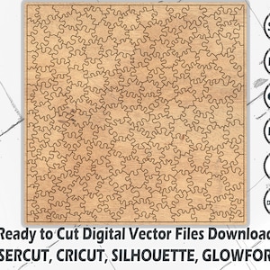 May include: A digital download of a laser cut file featuring a pattern of interlocking gears. The file is compatible with Cricut, Silhouette, Glowforge, and other laser cutting machines. The image shows a wood-toned background with black outlines of the gears.