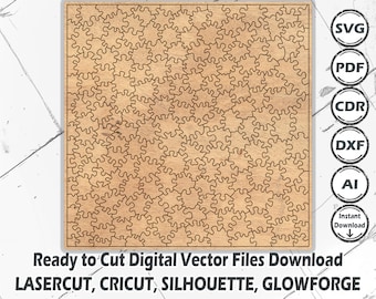 Puede incluir: Una descarga digital de un archivo de corte láser que presenta un patrón de engranajes entrelazados. El archivo es compatible con Cricut, Silhouette, Glowforge y otras máquinas de corte láser. La imagen muestra un fondo de color madera con contornos negros de los engranajes.