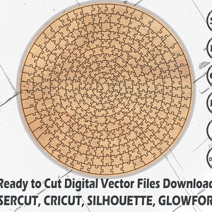 May include: A digital download of a circular jigsaw puzzle design with a spiral pattern. The design is ready to cut with a laser cutter, Cricut, Silhouette, or Glowforge. The image includes the text "SVG, PDF, CDR, DXF, AI, Instant Download".