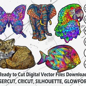 Paquete único de rompecabezas de animales de madera, rompecabezas svg, , pieza de rompecabezas SVG, plantilla de rompecabezas, plantilla de corte de rompecabezas, Glowforge, rompecabezas SVG