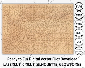 May include: A wooden jigsaw puzzle with a circular pattern, made up of many interlocking pieces. The puzzle is ready to cut and available as digital vector files for laser cutting, Cricut, Silhouette, and Glowforge machines. File type icons are included.