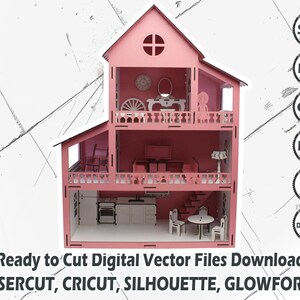 Domek dla lalek z meblami Pliki do cięcia laserowego, Cricut, Glowforge, pliki wektorowe SVG PDF DXF, pobieranie cyfrowe do cięcia, gotowe do cięcia