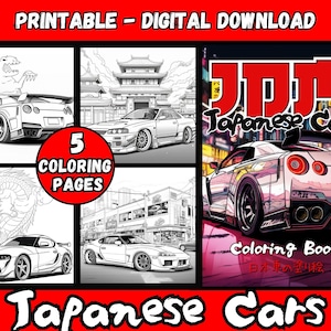 May include: A coloring book featuring five black and white illustrations of Japanese cars. The cover features a red and white logo with the text "JDM Japanese Cars" and the words "Coloring Book" in white text. The book is titled "Japanese Cars".