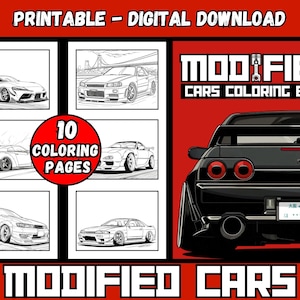 Pode incluir: Um livro para colorir imprimível com 10 páginas de carros modificados. A capa apresenta um carro preto com luzes traseiras vermelhas e o texto "MODIFIED CARS COLORING BOOK".