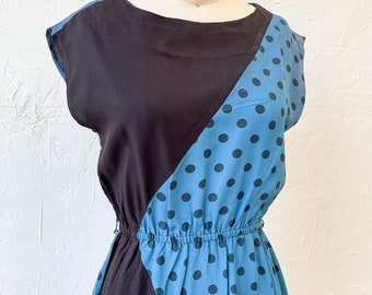 Vintage 80s polka dot blue and black dress