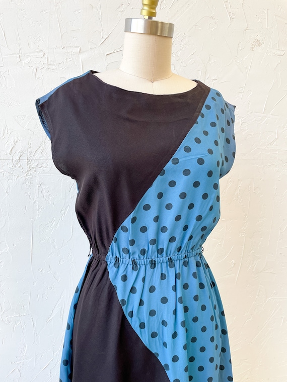 Vintage 80s polka dot blue and black dress - image 1