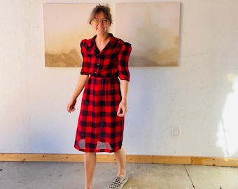 Vintage 80s red and black rockabilly plaid dress