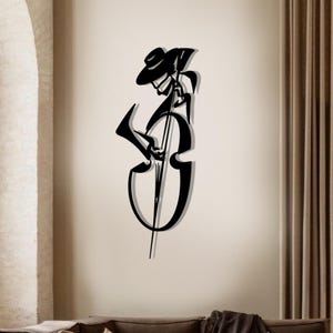 Metal Cello Player Wall Art: Abstract Jazz Sculpture