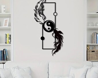 Koi Fish Yin Yang Metal Wall Art, Japanese Zen Geometric Decor, Laser-Cut Steel Accent