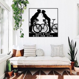 Cuadro metálico personalizado de pareja de ciclistas, regalo de boda, decoración con siluetas de bicicletas
