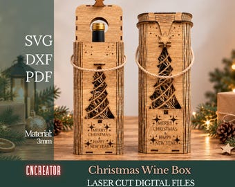 Caja de vino navideña cortada con láser SVG: Soporte de madera para botellas, archivos digitales de diseño vectorial