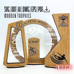 Trofeo de premio cortado con láser, 3 diseños de trofeos PREMIUM de madera, archivos SVG para láser Trofeo personalizado Xtool Glowforge
