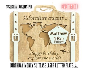 Laser Cut Birthday Money Suitcase, Travel Theme (svg, dxf, ai, pdf)