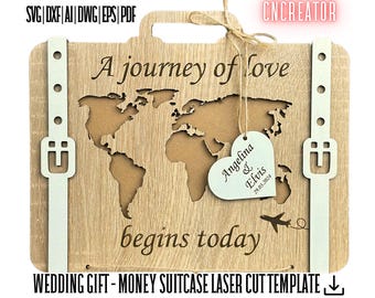 Laser Cut Wedding Gift Card Suitcase, Travel Theme (SVG, DXF, PDF)