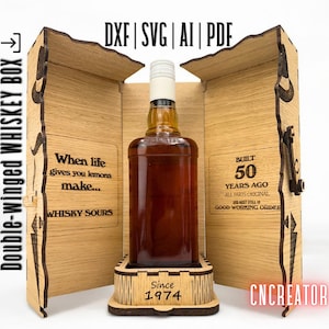 Caja de whisky cortada con láser svg, diseño láser de soporte para botellas de madera, archivos vectoriales de caja de regalo Glowforge Xtool.