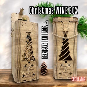 ワイン ボックス SVG、レーザーカット クリスマス ボトル ホルダー、3 mm 木製ギフト ボックス Glowforge ファイル、ワイン ボックス カバー デザイン、CNC 木工プラン