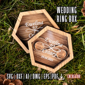 Scatola per fedi nuziali. Portafedi in legno tagliato al laser svg, design scatola portafedi Glowforge. Scatola personalizzata per anelli modello cricut