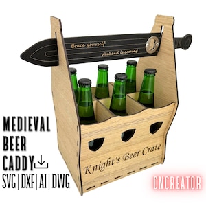 Laser cut beer bottle holder, Glowforge wooden 6-pack carrier design, Beer caddy with sword bottle opener, Xtool laser cut files, svg, dxf