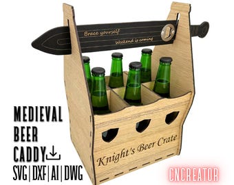 Laser Cut Beer Caddy SVG, Medieval Sword Opener, 6-Pack Carrier (Digital Files)