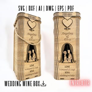 Caja de vino para bodas, Caja cortada con láser, Caja de vino de madera Glowforge SVG, Soporte para botellas de vino cortado con láser para bodas, Archivos láser de 3 mm.