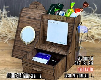 Station de recharge pour téléphone MagSafe découpée au laser, organiseur de bureau SVG DXF (bois de 3 mm)