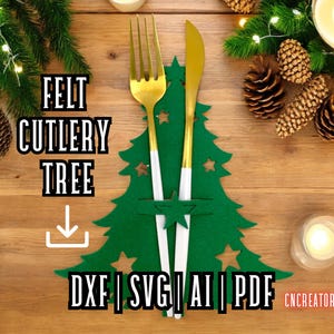 Portaposate albero di Natale svg, decorazioni da tavolo in feltro tagliate al laser. Design tovaglietta per posate Glowforge, sottobicchiere per posate albero di Natale laser