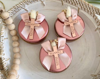 Rose Gold Baptism Candle Favors: Personalized Christening Gifts