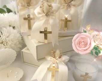 Personalized Baptism Candle Favors: Dried Flowers & Cream Ribbon