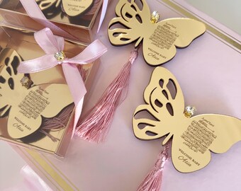 Elegante islamische Babypartygeschenke: Ayatul Kursi Rahmen & Schmetterlingsmagnete - personalisierte Aqiqah Geschenke