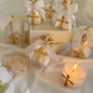 Personalized Baptism Candle Favor: Cream Ribbon & Dried Flowers