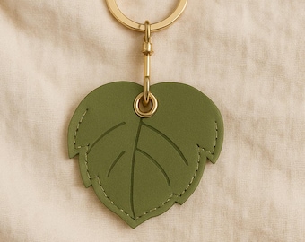 Green Leaf AirTag Holder Keychain, Leaf Faux Leather Charm, Keychain Fob, AirTag Cover Case With Gold Ring