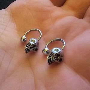 Skull Stainless Half Hoop Horseshoe Earrings 14G