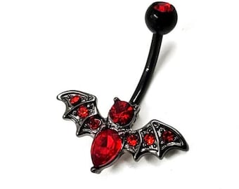 Black & Red Bat 14G Halloween Belly Button Ring Stainless Steel Belly Bar