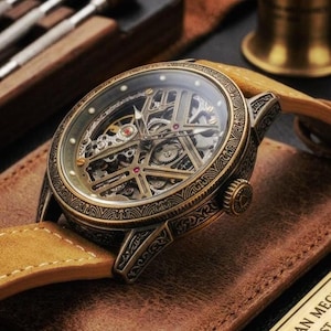 May include: A close-up of a vintage skeleton wristwatch. The watch has a bronze-coloured case with detailed patterns and a tan leather strap. The watch is displayed on a brown leather surface.