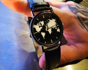 World Map Black Wrist Watch Personalised Gift