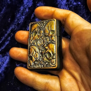 Skulls And Roses Copper Plated Black Crackle Lighter Personalised Gift