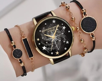 Reloj de pulsera personalizado con diseño de estrellas y espacio para mujer negra.