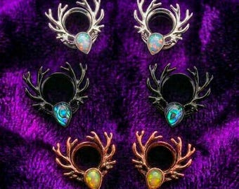 Deer Antler Opal Ear Tunnel, Stainless Steel Ear Plug Stretcher, Gemstone Gauge Jewelry Pair