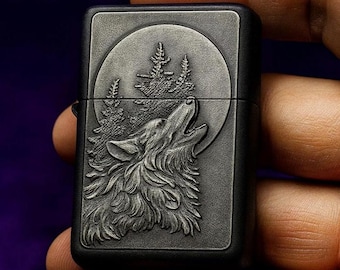 Accendino a scatto in bronzo antico placcato in argento Wolf con nome, data, messaggio, incisione, regalo personalizzato