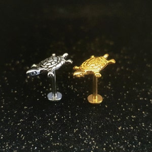 Puede incluir: Dos piercings para labios. Uno es plateado, el otro dorado. Cada piercing presenta un pequeño diseño de tortuga. Los postes son rectos y tienen una base plana en forma de disco. El fondo es oscuro con purpurina.