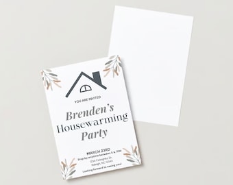 May include: A housewarming party invitation with a simple house illustration and leafy branches in shades of brown and gray. The text reads "You are invited" and "Brenden's Housewarming Party" with the date and time of the party and address.