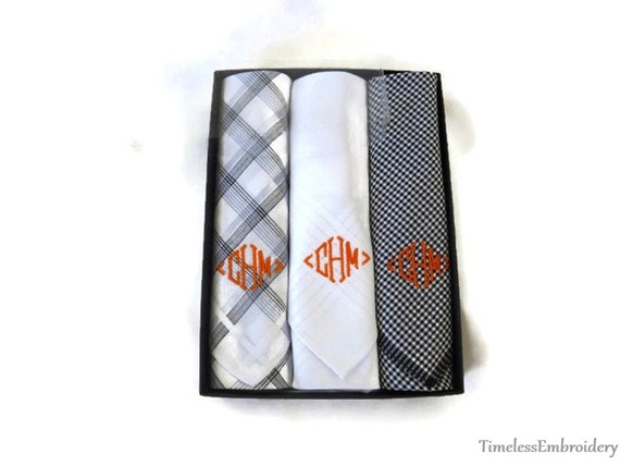 Mens Monogrammed handkerchief Set of 3 Gifts for Him Personalized Handkerchief Gray Cotton Plaid Handkerchiefs