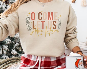 Suéter Let Us Adore Him, camiseta navideña de la Natividad, sudadera navideña cristiana, regalo navideño religioso, camiseta de fe para mujer, Navidad