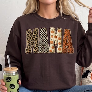 Mama Halloween Varsity Sweatshirt, Spooky Mama Tee, Faux Patchwork Style, Cute Ghost Pumpkin Bat Bow Fall Shirt, Fall Halloween Sweatshirt