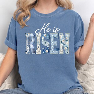 He Is Risen Comfort Shirt, Blue toile Christian Easter Tee, Matthew 28:6 Scripture T-Shirt, Floral Faith Graphic, Religious Gift